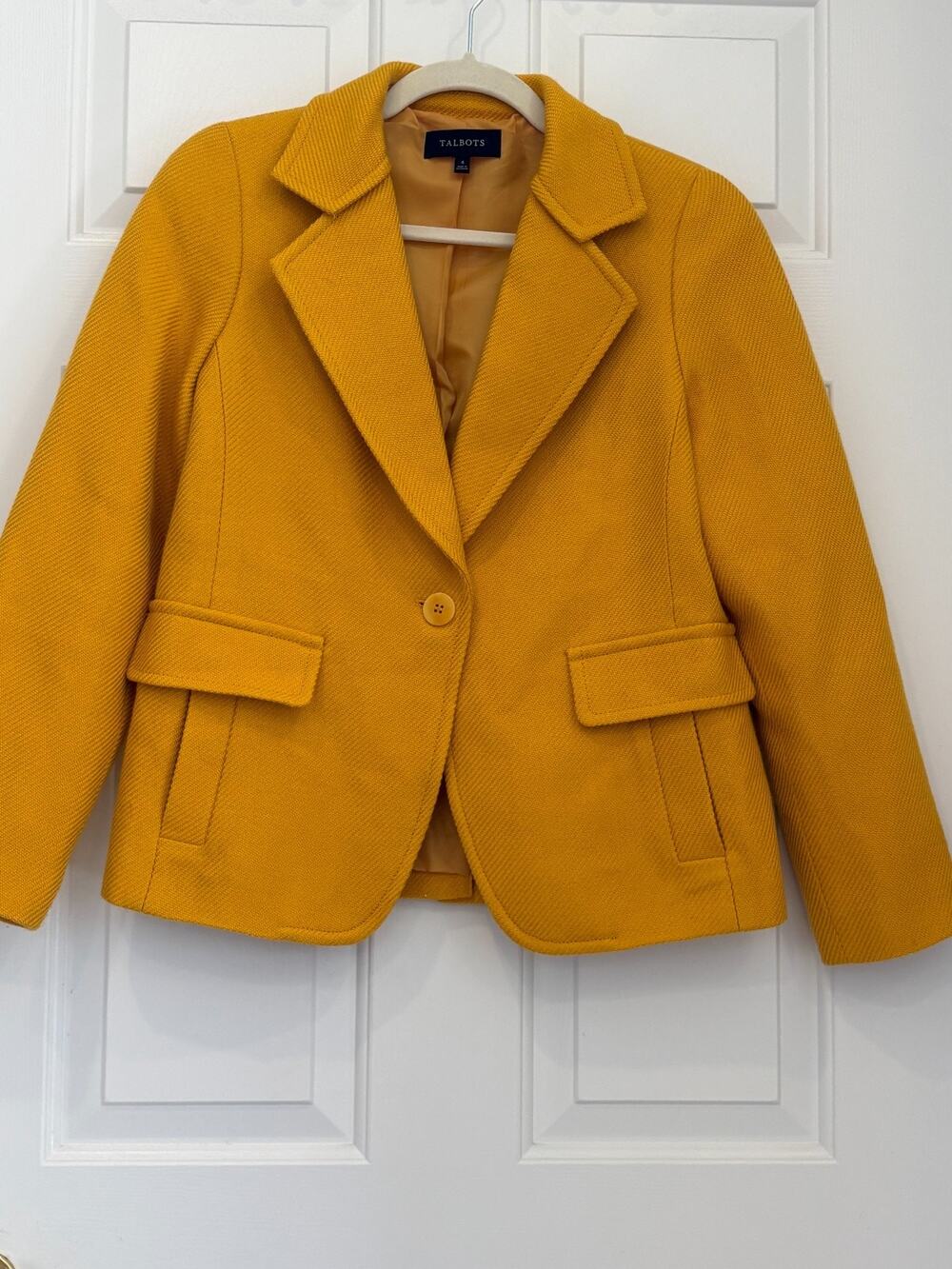 Talbots Womens Textured Wool Blend Blazer Jacket Mustard Yellow Button Size 4